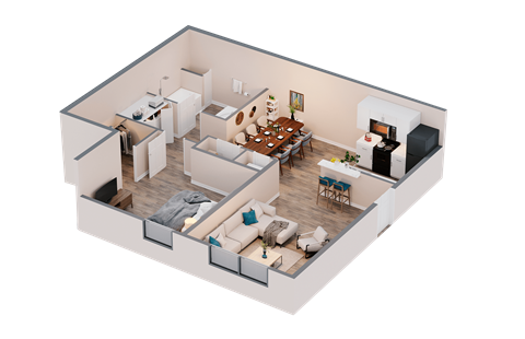 A 3D rendered image of a modern apartment layout.